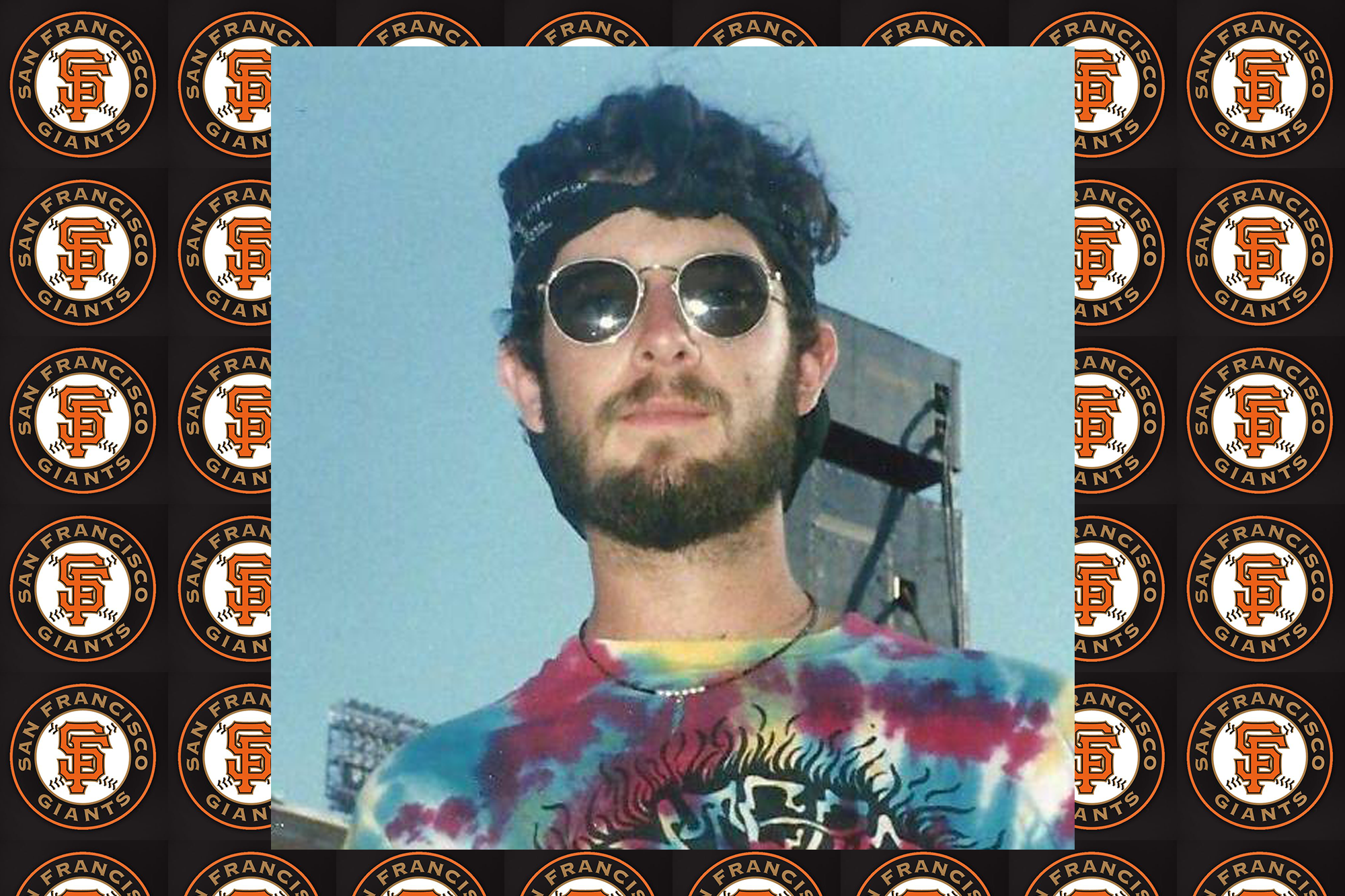 Doug, with so much hair and beard at a Dead concert, wearing the obligatory tye dye.